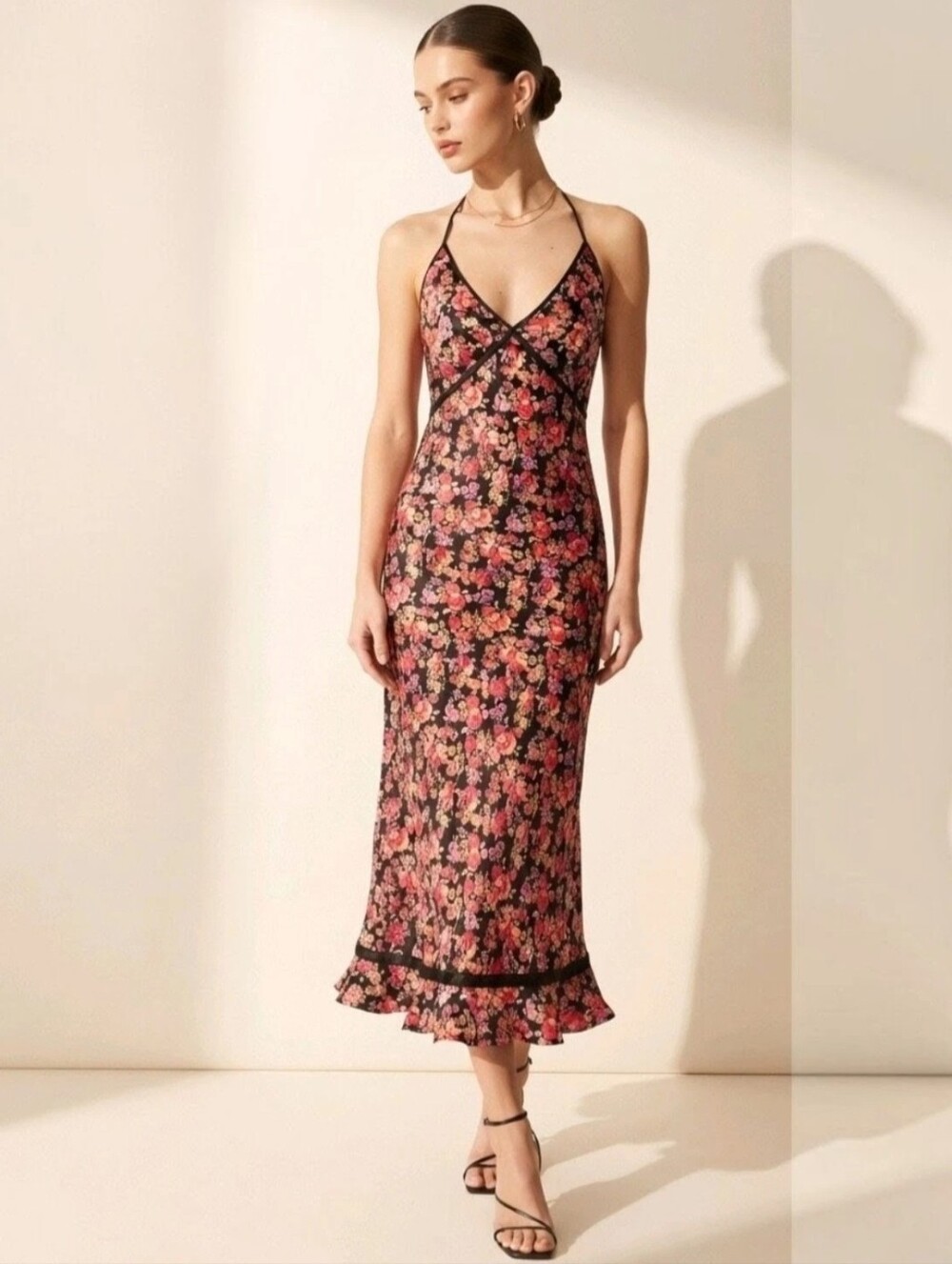 Vintage Y2K Silk Slip Dress Floral 9/10 Pink Black Gold Express Flounce Hem